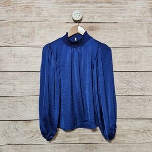 NWT Yuni Los Angeles Blue Ruched High Neck Long Sleeve Blouse Small